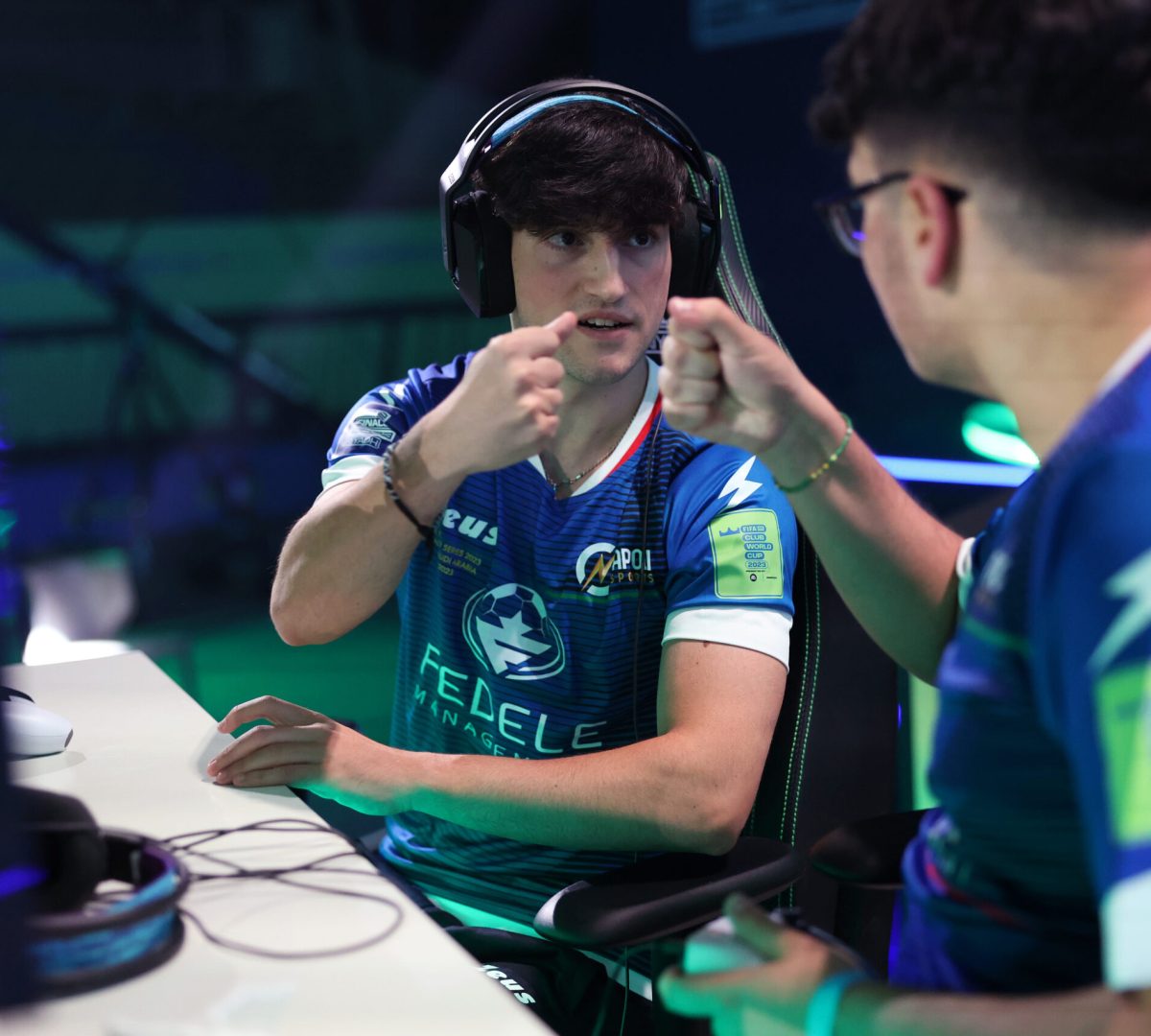 RIYADH, SAUDI ARABIA - JULY 06: Luca Luconegua (Guarino) and Daniele  Culiers (DaniHulk16) of Napoli eSports react during their group X match in the FIFAe Club World Cup 2023 on July 06, 2023 in Riyadh, Saudi Arabia. (Photo by Gonzalo Arroyo - FIFA/FIFA via Getty Images)