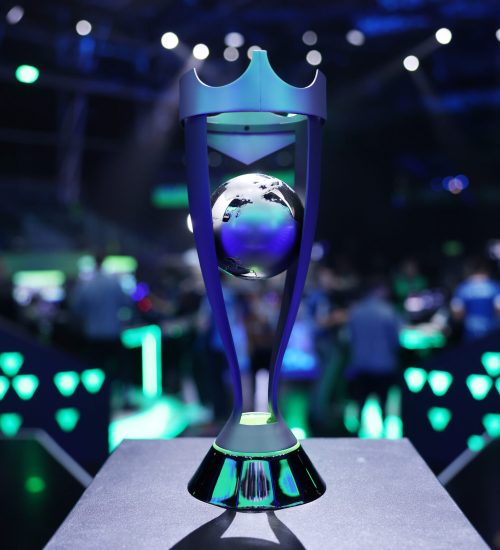 RIYADH, SAUDI ARABIA - JULY 09: Detail view of the FIFAe Club World Cup trophy during the Semi Final match between Napoli eSports and Team FUTWIZ Europe in the FIFAe Club World Cup 2023 on July 09, 2023 in Riyadh, Saudi Arabia. (Photo by Gonzalo Arroyo - FIFA/FIFA via Getty Images)